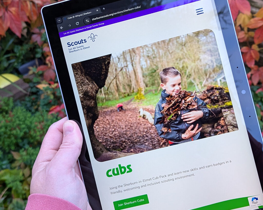 Sherburn Scouts responsive website displayed on a tablet screen